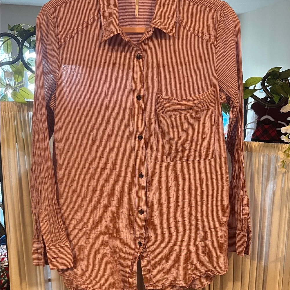 Free People Antique Rose Striped Button-Down Cotton Blouse
